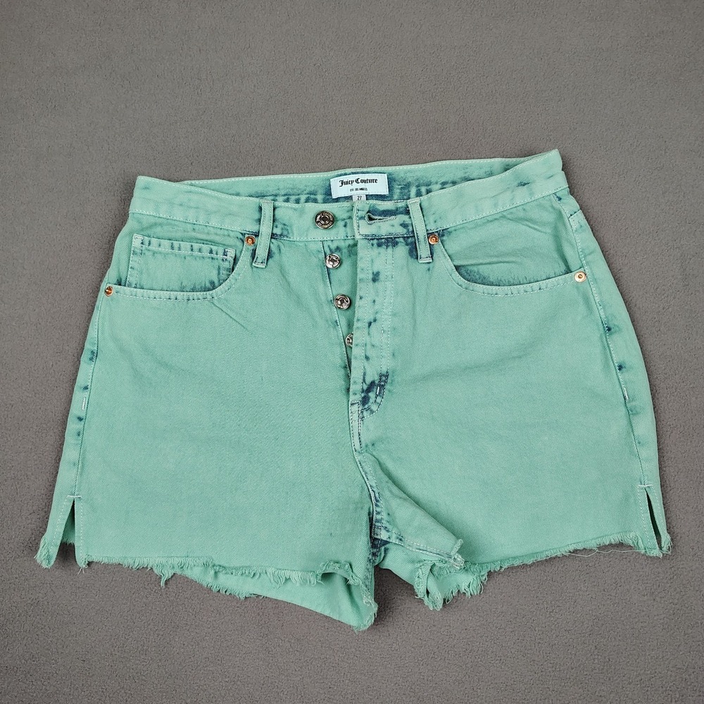 Juicy Couture Denim Short 27 Green Acid Wash Button Fly Cowgirl Festival Western